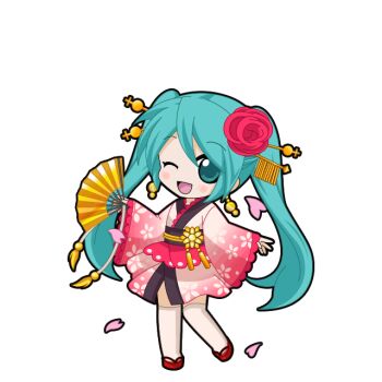 Rule 34 | 1girl, ;d, aqua eyes, aqua hair, black outline, blush, cherry blossoms, chibi, chibi only, earrings, falling petals, floral print, floral print kimono, flower, folding fan, full body, game asset, gradient clothes, gradient kimono, hair flower, hair ornament, hair stick, hand fan, hatsune miku, hatsune miku graphy collection, holding, holding fan, japanese clothes, jewelry, kimono, long hair, long sleeves, obi, obidome, obijime, okobo, one eye closed, open mouth, outline, petals, pink kimono, platform sandals, print kimono, sandals, sash, short kimono, smile, solo, standing, thighhighs, transparent background, very long hair, vocaloid, white thighhighs