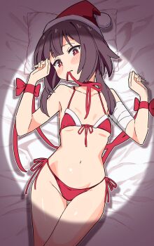 1girl bandaged_arm bandages bikini breasts brown_hair christmas commentary_request front-tie_bikini_top front-tie_top hat highres kono_subarashii_sekai_ni_shukufuku_wo! looking_at_viewer lying megumin navel noyama_takenoko on_back on_bed pillow red_bikini red_eyes santa_bikini santa_costume santa_hat side-tie_bikini_bottom small_breasts swimsuit