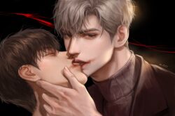 Rule 34 | 2boys, black background, blood, blood from mouth, brown coat, brown eyes, brown hair, closed eyes, coat, french kiss, grey sweater, hair between eyes, highres, ilay riegrow, jeong taeui, kiss, korean commentary, looking at viewer, male focus, multiple boys, passion (manhwa), plyu, portrait, realistic, sweater, tongue, turtleneck, turtleneck sweater, twitter username, white hair, yaoi