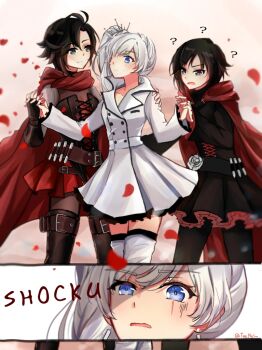 3girls ? black_dress blue_eyes blush cape dress english_text gradient_hair grey_eyes holding_hands long_hair multicolored_hair multiple_girls petals ponytail red_cape red_dress red_hair rose_petals ruby_rose rwby scar scar_across_eye scar_on_face short_hair thighhighs user_dcns4438 weiss_schnee white_dress white_hair yuri