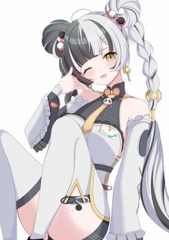 1girl absurdres bare_shoulders black_hair braid china_dress chinese_clothes detached_sleeves dialyn_(zenless_zone_zero) double_bun dress earrings hair_bun hand_up highres jewelry knees_up lilack_gg long_sleeves looking_at_viewer multicolored_hair one_eye_closed open_mouth simple_background sitting smile solo split-color_hair thighhighs two-tone_hair white_background white_dress white_hair white_thighhighs yellow_eyes zenless_zone_zero