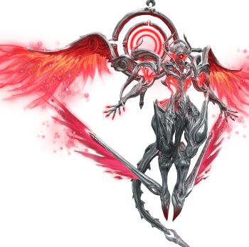 1boy 3d absurdres angel armor crymachina ecclesia_(crymachina) fiery_wings fingernails full_body halo highres humanoid_robot official_art one-eyed red_wings robot science_fiction sharp_fingernails solo tail transparent_background wings yoshi_tsumugibako