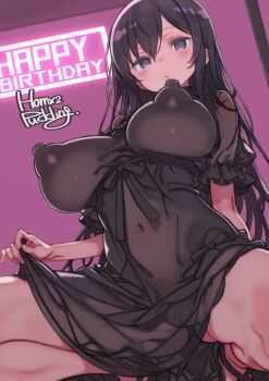 1girl alice_gear_aegis black_hair breasts covered_erect_nipples dress highres kagome_misaki large_breasts long_hair looking_at_viewer puddinghomhom solo squatting