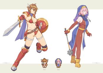Rule 34 | 2girls, absurdres, armor, armored boots, bandaid, bandaid on face, bandaid on leg, bandaid on nose, belt, bikini, bikini armor, black socks, blue coif, blue scarf, blue tabard, blush, bodysuit, boots, breasts, brown belt, brown bodysuit, brown boots, brown eyes, brown gloves, brown hair, circlet, closed mouth, commentary, cosplay, cross, cross necklace, dragon quest, dragon quest iii, elbow gloves, fingerless gloves, fukana miyu (kokuya28), full body, gloves, groin, hair ornament, highres, holding, holding mace, holding shield, holding sword, holding weapon, jewelry, kneehighs, kokuya (kokuya28), large breasts, looking at viewer, mace, medium breasts, multiple girls, navel, necklace, open mouth, original, pauldrons, pink eyes, pink hair, pixel art, pointy ears, priest (dq3), priest (dq3) (cosplay), red armor, red bikini, red gloves, scarf, shield, short hair, shoulder armor, simple background, sleeveless, sleeveless bodysuit, smile, socks, spiked mace, spikes, swimsuit, sword, symbol-only commentary, tabard, thigh strap, two-tone background, warrior (dq3), warrior (dq3) (cosplay), weapon, white background, x hair ornament