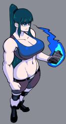 1girl abs absurdres anklet bare_shoulders belt belt_buckle biceps blue_bra blue_eyes blue_fire blue_sports_bra boots bra breasts buckle cargo_pants cargo_shorts chef033 cleavage clenched_hand closed_mouth collarbone colored_skin combat_boots curvy eyelashes female_focus fighting_stance fire from_above full_body furrowed_brow glowing_fist green_hair grey_background grey_skin hairband highres jewelry laces large_breasts linea_alba long_hair looking_to_the_side mature_female muscular muscular_arms muscular_female muscular narrow_waist navel no_background original pants ponytail power-up mons_pubis shoelaces shorts simple_background solo sports_bra standing tall_female thick_eyebrows thick_thighs thighs toned toned_stomach triceps underwear wide_hips