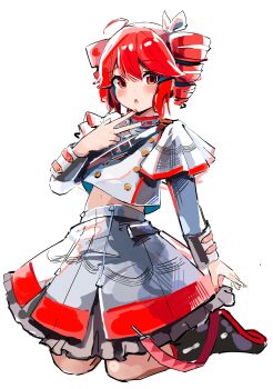 Rule 34 | :o, absurdres, ahoge, belt, black belt, black boots, black skirt, blush, boots, bow, buttons, double-breasted, drill hair, fingernails, grey jacket, grey skirt, hair between eyes, hair bow, hair ribbon, highres, jacket, kasane teto, kasane teto (sv), kneeling, layered skirt, layered sleeves, long sleeves, making-of available, midriff peek, mp777b, navel, red belt, red eyes, red nails, red skirt, red trim, ribbon, shoulder belt, simple background, skirt, striped clothes, striped jacket, striped skirt, synthesizer v, twin drills, utau, v, white background, white bow, white ribbon