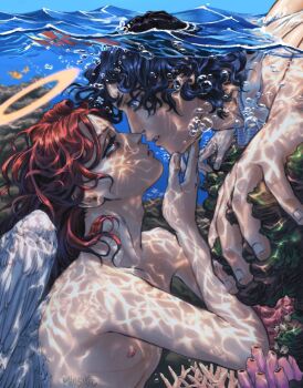 Rule 34 | 2boys, air bubble, androgynous, angel devil (chainsaw man), angel wings, blue eyes, bubble, chainsaw man, coral, feathered wings, hair down, halo, hayakawa aki, highres, medium hair, multiple boys, nipples, orange eyes, orange hair, parted lips, phosmic, underwater, wings, yaoi