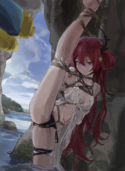 1girl a_tea arknights arms_behind_back bare_shoulders bdsm black_panties bondage bound bound_arms bound_legs bra breasts crotch_rope highres horns long_hair looking_at_viewer medium_breasts mountain navel ocean panties pole purple_eyes red_hair shibari shibari_over_clothes skindentation solo split standing standing_on_one_leg standing_split stomach surtr_(arknights) surtr_(colorful_wonderland)_(arknights) thigh_strap underwear very_long_hair water_gun white_bra