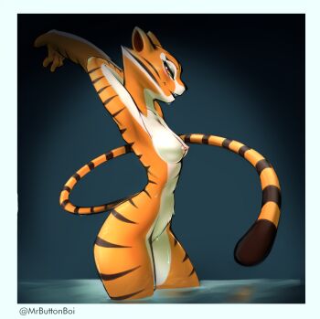 1girl animal_ears animal_nose arm_behind_head armpits arms_up artist_name blue_background blue_border blush body_fur border breasts brown_fur collarbone colored_sclera completely_nude cowboy_shot fang female_focus from_side furry furry_female half-closed_eyes happy highres kung_fu_panda looking_at_viewer mature_female medium_breasts mrbuttonboi multicolored_fur nipples nude open_mouth orange_fur outstretched_arm red_eyes simple_background smile solo standing striped_fur striped_tail tail teeth thighs tiger_ears tiger_girl tiger_tail tigress_(kung_fu_panda) twitter_username wading water watermark wet white_fur yellow_sclera