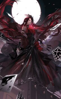 1girl arm_belt artist_request belt belt_buckle belt_collar between_fingers black_belt black_boots black_corset black_gloves black_skirt boots breasts brown_hair buckle cape card collar colored_inner_hair corset covered_erect_nipples earrings feather_hair_ornament feathers fingerless_gloves floating_cape floating_card floating_clothes full_body full_moon fur_cape game_cg gloves hair_ornament highres holding holding_card holding_knife jewelry knife knives_between_fingers large_breasts lipstick long_skirt looking_ahead makeup moon moonlight_watcher_(shining_nikki) multicolored_hair multiple_belts night night_sky nikki_(series) official_art on_rooftop open_mouth outdoors playing_card pleated_skirt queen_(playing_card) queen_of_spades_(playing_card) red_eyes red_hair red_lips red_shirt see-through_clothes see-through_skirt shining_nikki shirt skirt sky sleeveless sleeveless_shirt smile solo sorika_(shining_nikki) standing tight_clothes tight_shirt two-tone_hair white_cape wind