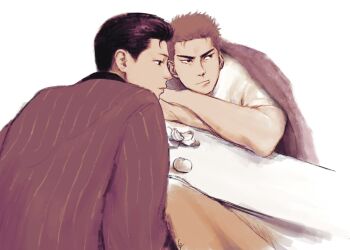 Rule 34 | 2boys, back, food, fruit, hanten (clothes), highres, k05062688, looking to the side, male focus, mandarin orange, mito youhei, monochrome, multiple boys, pompadour, profile, sakuragi hanamichi, simple background, slam dunk (series), under covers, upper body, white background