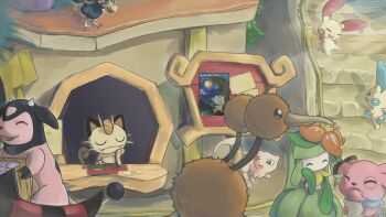 ^_^ bird box closed_eyes colored_skin commentary_request crown doduo fangs fangs_out gen_1_pokemon gen_2_pokemon gen_3_pokemon gen_5_pokemon green_hair highres holding holding_box legendary_pokemon lilligant meowth mew_(pokemon) miltank minun multiple_heads murkrow mythical_pokemon nintendo no_humans plusle pokemon pokemon_(creature) poster_(object) red_eyes smile snubbull sora_(sorakuuhaku) talons u_u white_skin