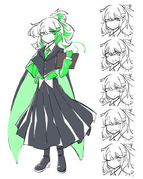 1girl absurdres bags_under_eyes black_cloak black_skirt blush_stickers boots buttons cape cloak closed_eyes collared_shirt colored_skin commentary deltarune dice dice_hair_ornament dress_shirt frown full_body genderswap genderswap_(mtf) gloom_(expression) green_cape green_eyes green_hair green_jacket green_necktie green_pippins green_streaks hair_bun hair_ornament hairclip hairpin hashtag-only_commentary high_heel_boots high_heels highres humanization jacket limited_palette long_skirt long_sleeves multicolored_hair multiple_expressions necktie one_eye_closed open_mouth pippins_(deltarune) pleated_skirt priswocaer puff_of_air shirt sigh simple_background single_blush_sticker single_eyebrow skirt smile solo suit_jacket sweatdrop two-tone_hair utdr_(toby_fox) white_background white_hair white_shirt white_skin
