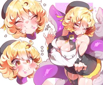 ... 1girl ^_^ absurdres beret black_hair black_skirt blonde_hair blush breasts cleavage closed_eyes closed_mouth commentary eating hat heart highres large_breasts long_sleeves looking_at_viewer mole mole_under_mouth monster_girl multicolored_hair multiple_views orcavice scylla short_hair skirt tentacles two-tone_hair white_sleeves yellow_eyes yidhari_murphy zenless_zone_zero