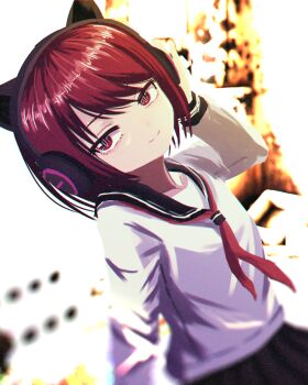 1girl :3 animal_ears blurry blurry_background bob_cut cat_ears commentary dj_necojita flat_chest headphones highres hitnex j-core jitome kobaryo long_sleeves looking_at_viewer official_art pleated_skirt red_eyes red_hair sailor_collar school_uniform serafuku shirt short_hair skirt slit_pupils smile smug solo upper_body