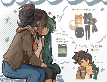 2girls alternate_costume bare_shoulders black_gloves black_hair black_pants blue_pants braid braided_sidelocks breasts brown_jacket brown_scarf canister chibi closed_mouth commentary cowboy_shot dotted_background english_commentary english_text gloves green_eyes hand_on_another&#039;s_leg heart highres jacket kiss kissing_cheek long_hair looking_at_another multicolored_hair multiple_girls nonnormalguy open_mouth pants photo_inset plaid_clothes plaid_scarf ponytail qingyi_(zenless_zone_zero) red_hair red_streaks scarf shirt sitting sleeveless sleeveless_shirt small_breasts snowing star_(symbol) streaked_hair tears twintails white_background white_shirt yuri zenless_zone_zero zhu_yuan