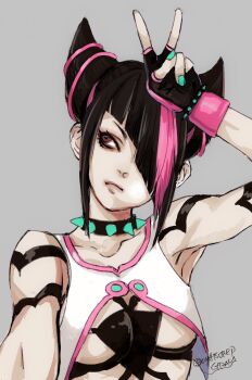 1girl aqua_nails armpits bare_shoulders black_gloves black_hair body_markings breasts brown_eyes choker crop_top diagonal_bangs fingerless_gloves gloves hair_horns hair_over_one_eye han_juri hand_on_own_head light_frown medium_breasts midriff multicolored_hair nail_polish oyatsuredgray pink_hair pink_trim revealing_clothes shirt short_hair solo spiked_choker spikes streaked_hair street_fighter street_fighter_6 twintails two-tone_hair updo v white_shirt