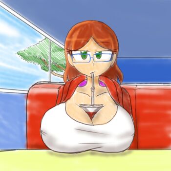 1girl alma_garcia_(nairod) between_breasts breast_rest breasts breasts_on_table cleavage collarbone cup cup_between_breasts diner drinking_straw glasses green_eyes highres huge_breasts jacket large_breasts nairod_(dorianbaeza3) original pov red_jacket shorts soda solo solo_focus tank_top tree white_tank_top window