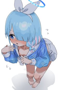 Rule 34 | 1girl, absurdres, arona (blue archive), barefoot, blue archive, blue eyes, blue hair, blush, braid, collar tug, collarbone, fanning self, flying sweatdrops, hair over one eye, hairband, halo, highres, hot, leaning forward, long sleeves, multicolored hair, open mouth, pink hair, sailor collar, sanso aki, shirt, short hair, single braid, skirt, solo, sweat, white hairband, white skirt