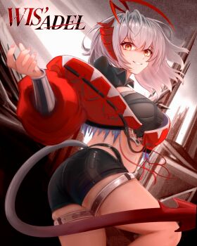 1girl antenna_hair arknights ass belt black_shirt black_shorts character_name commentary_request crop_top cropped_jacket cropped_shirt fingernails grey_hair grey_tail hair_between_eyes highres jacket long_sleeves looking_at_viewer medium_hair mipa_(mipa_dream) navel panty_straps partial_commentary red_hair red_jacket red_tail shirt short_shorts shorts solo tail thigh_belt thigh_strap w_(arknights) white_belt wis'adel_(arknights) yellow_eyes