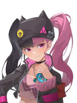 Rule 34 | 1girl, absurdres, armband, black choker, black hair, black hat, black jacket, choker, cropped jacket, cropped shirt, hat, highres, jacket, jewelry, kai si (hscn5578), long hair, long sleeves, looking at viewer, multicolored hair, necklace, open clothes, open jacket, palworld, pink eyes, pink hair, pink shirt, red armband, shirt, skirt, smile, solo, split-color hair, twintails, upper body, white background, zoe rayne