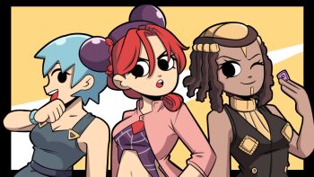 3girls :d ;) absurdres alternate_hair_color bare_shoulders blue_hair braid breasts brown_hair commentary crown_braid dark-skinned_female dark_skin double_bun dreadlocks english_commentary ermes_costello foo_fighters_(jojo) hair_bun highres jacket jojo_no_kimyou_na_bouken kermittend kuujou_jolyne long_hair medium_breasts multiple_girls no_pupils one_eye_closed open_clothes open_jacket open_mouth purple_hair red_hair scott_pilgrim_(comics) scott_pilgrim_(series) short_hair smile stone_ocean upper_body