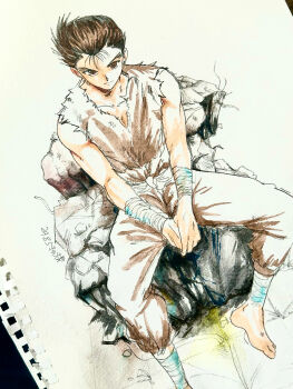 1boy bandaged_leg bandaged_wrist bandages barefoot hiei4455 male_focus photo_(medium) shirt sitting sleeveless sleeveless_shirt solo torn_clothes torn_sleeves traditional_media urameshi_yuusuke yuu_yuu_hakusho