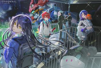 4girls amate_yuzuriha aqua_eyes aqua_shirt aqua_skirt backpack bag blue_hair closed_mouth gloves gundam gundam_gquuuuuux highres kawachi_rin long_hair looking_at_viewer medium_hair multiple_girls necktie nyaan_(gundam_gquuuuuux) open_mouth red_eyes red_hair robot shirt shuji_ito skirt stairs striped_necktie sweater two-tone_necktie yellow_eyes