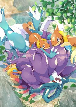 animal_focus bright_pupils brown_eyes buizel commentary_request evolutionary_line fang floatzel gen_4_pokemon highres kechon-san leaf nintendo no_humans open_mouth pokemon pokemon_(creature) smile twitter_username walking_wake water white_pupils