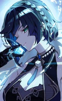 1girl black_gloves black_hair blue_hair braid breasts cleavage commentary_request dice fur-trimmed_jacket fur_trim genshin_impact gloves green_eyes halterneck holding holding_dice jacket jacket_on_shoulders large_breasts looking_at_viewer mt_gnsn multicolored_hair one_eye_closed short_hair sideways_glance smile solo tassel upper_body yelan_(genshin_impact)