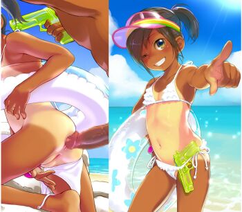 1boy 1girl age_difference ass barefoot beach bikini black_hair blue_sky blush censored cleft_of_venus cloud cowboy_shot day facing_viewer flat_chest green_eyes grin head_out_of_frame hetero highres imminent_anal imminent_penetration innertube kikurage_(crayon_arts) kneeling loli looking_at_viewer mosaic_censoring ocean one-piece_tan one_eye_closed open_mouth original outdoors panties panty_pull penis petite ponytail pussy short_hair side-tie_bikini_bottom skinny sky smile split_screen standing swim_ring swimsuit tagme tan tanline third-party_edit twintails uncensored underwear visor_cap water_gun white_bikini wink