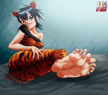 animal_ears animal_print bare_shoulders barefoot feet foot_focus hand_on_own_leg nail_polish noodle_(gorillaz) pink_nails pink_toenails rankerhen sleeveless soles tiger_ears tiger_print toenail_polish toenails wrinkled_feet