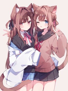 Rule 34 | 2girls, ;o, animal ears, black bow, black bowtie, black ribbon, black skirt, black sweater, blue eyes, blue jacket, blue skirt, blush, bow, bowtie, brown hair, cat ears, cat girl, cat tail, closed eyes, closed mouth, clothes lift, collared shirt, commentary request, double v, hair between eyes, hair intakes, hair ornament, hair over shoulder, hair ribbon, hairclip, heripiro, highres, jacket, light blush, long hair, long sidelocks, long sleeves, looking at viewer, microskirt, multicolored jacket, multiple girls, off shoulder, one-eyed, one eye closed, open clothes, open jacket, open mouth, original, parted lips, pink ribbon, plaid clothes, plaid skirt, pleated skirt, red bow, red bowtie, red eyes, ribbon, sailor collar, school uniform, serafuku, shirt, sidelocks, simple background, skirt, skirt lift, sleeves past fingers, sleeves past wrists, standing, sweater, tail, thighs, two-sided fabric, two-sided jacket, v, white jacket, white shirt
