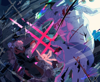 absurdres blood colored_skin cuts debris destruction duel extra_eyes fighting flashing highres injury jujutsu_kaisen mahoraga_(jujutsu_kaisen) monster pink_hair ryoumen_sukuna_(jujutsu_kaisen) sharp_nails shikigami taku_(aywakutakuay) white_skin