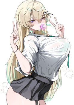 1girl absurdres alternate_breast_size_(larger) aqua_bra aqua_necktie ass bag black_skirt blonde_hair blowing_bubble_gum blue_eyes blush bra bra_visible_through_clothes breasts chewing_gum collared_shirt commentary_request double_v earrings from_side gyaru hair_between_eyes hair_ornament highres huge_breasts jewelry kura! long_hair looking_at_viewer lynae_(wuthering_waves) miniskirt multicolored_hair necktie shirt skirt skull_hair_ornament solo star_(symbol) star_earrings streaked_hair underwear v white_shirt wuthering_waves