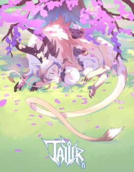 animal_focus anime_coloring cherry_blossoms claws commentary commentary_request concept_art creature fluffy grass highres horns immorthis limited_palette monster original simple_background tail tree watermark