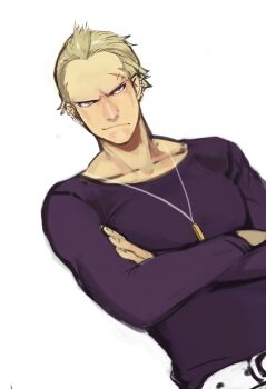 Rule 34 | 1boy, :/, belt, belt buckle, blonde hair, blue eyes, buckle, closed mouth, collarbone, crew neck, crossed arms, dutch angle, ear piercing, earrings, hair slicked back, highres, jewelry, long sleeves, male focus, multiple earrings, necklace, persona, persona 4, piercing, ponta (aka 7280), scar, scar on face, scar on forehead, short hair, simple background, solo, tatsumi kanji, unfinished, white background
