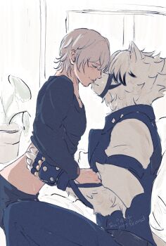 2boys animal_ear_fluff animal_ears artist_name black_pants black_shirt commentary crossed_bangs english_commentary eye_contact french_kiss furry furry_male furry_with_non-furry green_eyes grey_hair hair_between_eyes highres interspecies kiss looking_at_another male_focus multiple_boys pants shirt simple_background sui404notfound von_lycaon white_background white_shirt wise_(zenless_zone_zero) wolf wolf_ears yaoi zenless_zone_zero