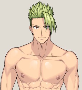 Rule 34 | 1boy, abs, achilles (fate), arima (arima bn), bara, fate/grand order, fate (series), green hair, large pectorals, looking at viewer, male focus, manly, mature male, muscular, muscular male, nipples, pectorals, see-through clothes, smile, solo, spiked hair, topless male, undercut, upper body, yellow eyes