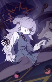 1girl absurdres black_pantyhose blue_archive brown_eyes buttons choker collared_shirt dark double-breasted dress dutch_angle flask grey_hair hair_over_one_eye halo highres holding holding_flask holding_stick indoors kanoe_(blue_archive) long_hair long_sleeves looking_at_viewer pale_skin pantyhose pinafore_dress ribbon round-bottom_flask shaded_face shirt sitting sleeveless sleeveless_dress solo stick two_side_up wariza white_shirt yoni_(zhang)