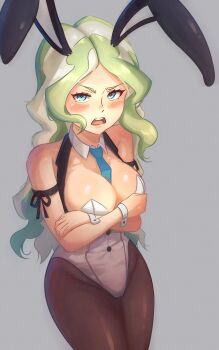1girl absurdres animal_ears between_breasts blonde_hair blue_eyes blue_necktie breasts brown_pantyhose cleavage detached_collar diana_cavendish embarrassed green_hair grey_background highres leotard little_witch_academia long_hair looking_at_viewer madabau medium_breasts multicolored_hair necktie necktie_between_breasts pantyhose playboy_bunny rabbit_ears simple_background solo suspenders two-tone_hair v-shaped_eyebrows very_long_hair wavy_hair white_leotard wrist_cuffs