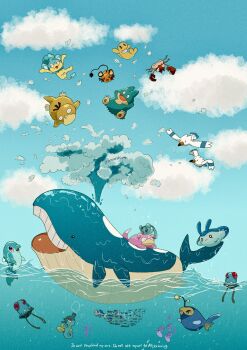 absurdres animal_focus bird blue_sky closed_eyes closed_mouth cloud crab dedenne finizen fish gen_1_pokemon gen_2_pokemon gen_3_pokemon gen_4_pokemon gen_5_pokemon gen_6_pokemon gen_7_pokemon highres horsea krabby lanturn luvdisc mantyke monkey munchlax mythical_pokemon nintendo no_humans ocean open_mouth panpour phione pokemon pokemon_(creature) pokemon_focus psyduck seahorse sky slowpoke smile squid swimming tatsugiri tatsugiri_(stretchy) tentacool underwater wailord water whale wingull wishiwashi wishiwashi_(solo) zozozoshion