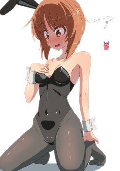 1girl animal_ears black_leotard black_pantyhose blush breasts brown_eyes brown_hair cleavage covered_navel dated fake_animal_ears girls_und_panzer jinguu_(4839ms) leotard medium_breasts nishizumi_miho open_mouth pantyhose playboy_bunny rabbit_ears short_hair simple_background solo sweat white_background wrist_cuffs