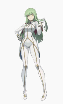 1girl absurdres bodysuit breasts c.c. code_geass covered_navel full_body gloves gold_trim green_hair hand_on_own_hip high_heels highres long_hair looking_at_viewer medium_breasts parted_lips simple_background solo standing tooku0 white_background white_bodysuit white_gloves yellow_eyes