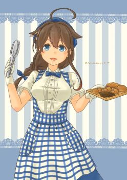 1girl ahoge apron black_hair blue_apron blue_bow blue_bowtie blue_eyes bow bowtie braid bread breasts commentary_request employee_uniform food gingham_apron gingham_clothes hair_flaps highres holding holding_tongs kantai_collection kobeya_uniform long_hair looking_at_viewer medium_breasts pleated_shirt pot-de shigure_(kancolle) shigure_kai_san_(kancolle) single_braid solo striped_background tongs tray waitress