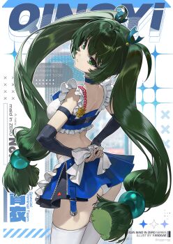 1girl absurdres alternate_costume arm_strap arms_behind_back ass black_sleeves blue_skirt breasts cable character_name closed_mouth collar commentary_request cowboy_shot crop_top eggpongg english_text enmaided frilled_shirt frills from_behind green_eyes green_hair hair_ornament highres long_hair looking_at_viewer looking_back maid medium_breasts panties police_badge qingyi_(zenless_zone_zero) ribbon shirt shoulder_blades skirt solo sparkle_print sphere_hair_ornament star_(symbol) thighhighs twintails twitter_username underwear white_background white_panties white_ribbon white_shirt white_thighhighs zenless_zone_zero zipper_skirt