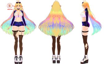 1girl 3d absurdres ahoge arielle_(vtuber) ass blonde_hair blue_eyes breasts chain ear_piercing english_text fingernails full_body garter_straps highres indie_virtual_youtuber jacket large_breasts latex long_hair model_sheet multicolored_hair multiple_views piercing sharp_fingernails shoes shorts speech_bubble sunglasses_on_head thighhighs torn_clothes torn_legwear turnaround virtual_youtuber white_background zipper
