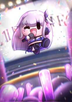 1girl chibi confetti glowstick grey_hair highres holding holding_microphone hololive hololive_english hololive_idol_uniform_(color_rise) koseki_bijou long_hair microphone midriff music navel one_eye_closed seapupu singing stage virtual_youtuber