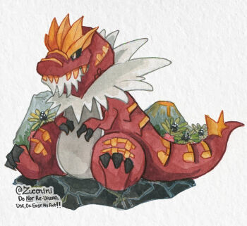 Rule 34 | artist name, claws, dinosaur, english text, fangs, gen 6 pokemon, nintendo, no humans, painting (medium), photo (medium), pokemon, pokemon (creature), sitting, solo, tail, traditional media, tyrantrum, watercolor (medium), zuccnini