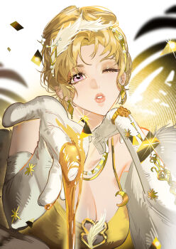 1girl absurdres blonde_hair breasts cleavage dripping elbow_gloves gloves highres honey jewelry large_breasts looking_at_viewer milly_(path_to_nowhere) one_eye_closed path_to_nowhere purple_eyes solo upper_body white_gloves yu_lan